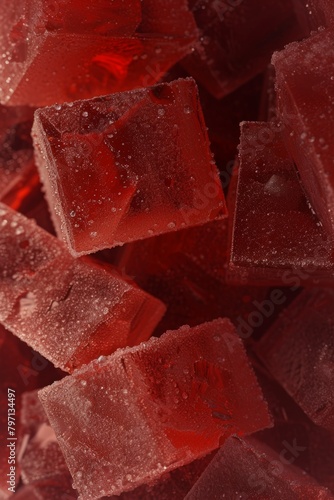 Close-up of Red Gelatin Cubes with Sugar Crystals