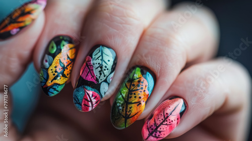 colorful autumn leaf nail art design on black background for beauty and fashion concepts