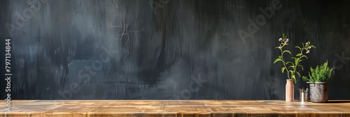 wooden table with two vases with plants in them on it and a black wall behind it with a chalkboard