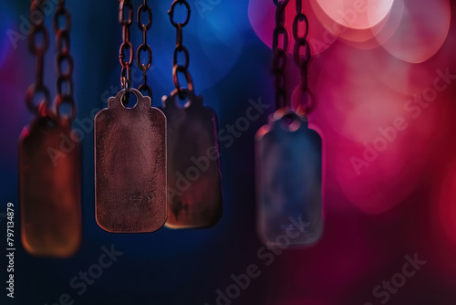 dog tag identification tags hanging with a blurry red and blue bokeh background for military concept, celebration of the memorial day design photo
