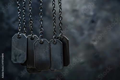 military dog tags hanging on dark moody background, with a copy space for text