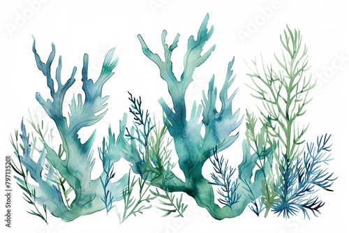 a watercolor painting of seaweed and algaes on a white background, with a blue and green color scheme