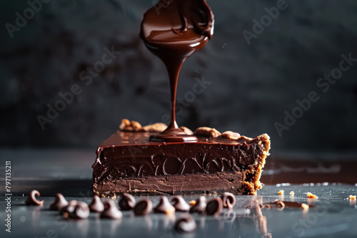 decadent chocolate cake slice with dripping sauce photo