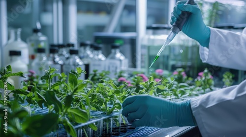 Agricultural biotechnology research in a laboratory, advancing crop breeding and genetic engineering for improved yields.