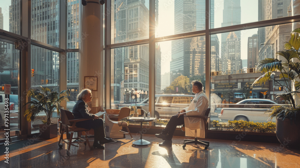 Two professionals engaged in a discussion at a sunlit city cafe, with reflections of urban life visible through large windows.