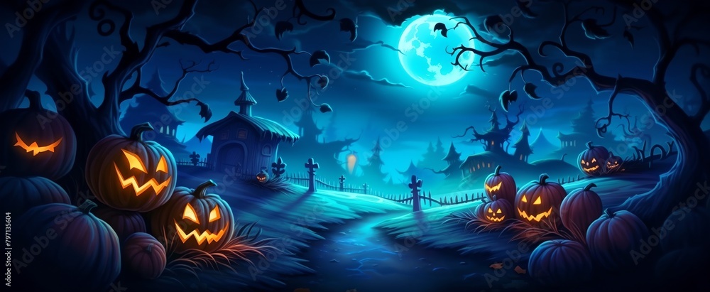 a halloween scene with pumpkins and a full moon in the sky with a creepy castle in the background..