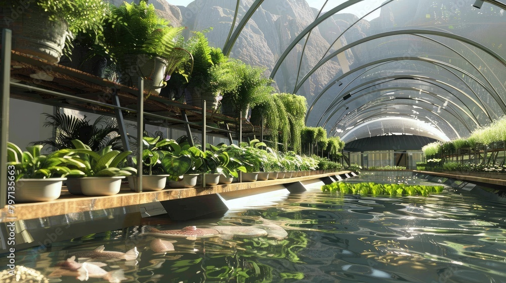 Aquaponics systems combining fish farming with hydroponic plant cultivation, demonstrating sustainable agriculture practices.