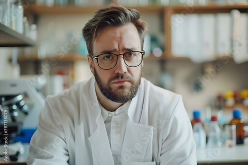 A young bearded doctor in glasses and a white robe working in his office. Concept Medical Professional, Doctor, Office Setting, Healthcare, Young Professional
