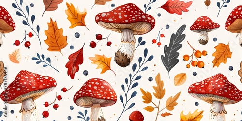 a pattern of mushrooms and leaves on a white background with a blue border and a red dot on the mushroom