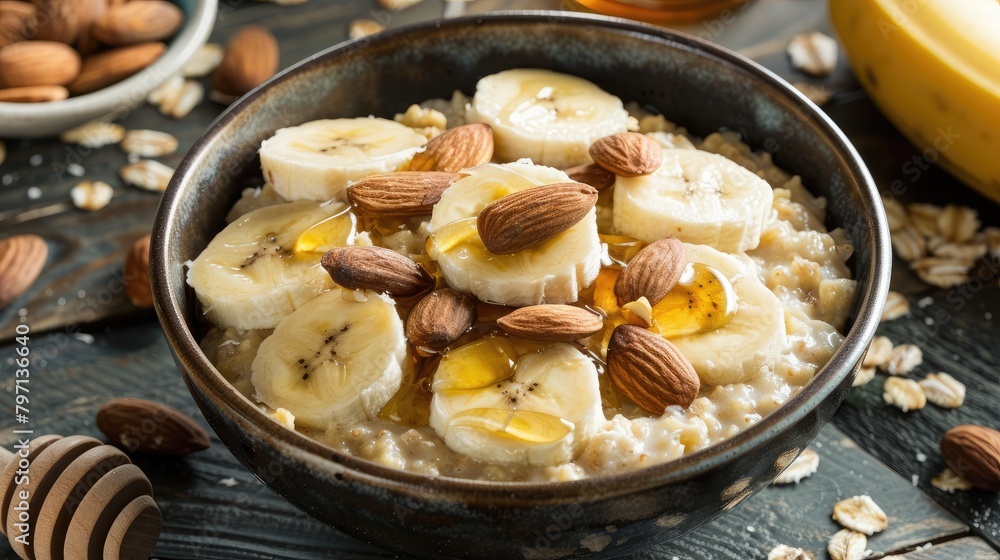 bowl of oatmeal topped with sliced banana, almonds, and honey, offering a nutritious and satisfying breakfast option. bowl of oatmeal topped with sliced banana, almonds, and honey, offering a nutritious and satisfying breakfast option.