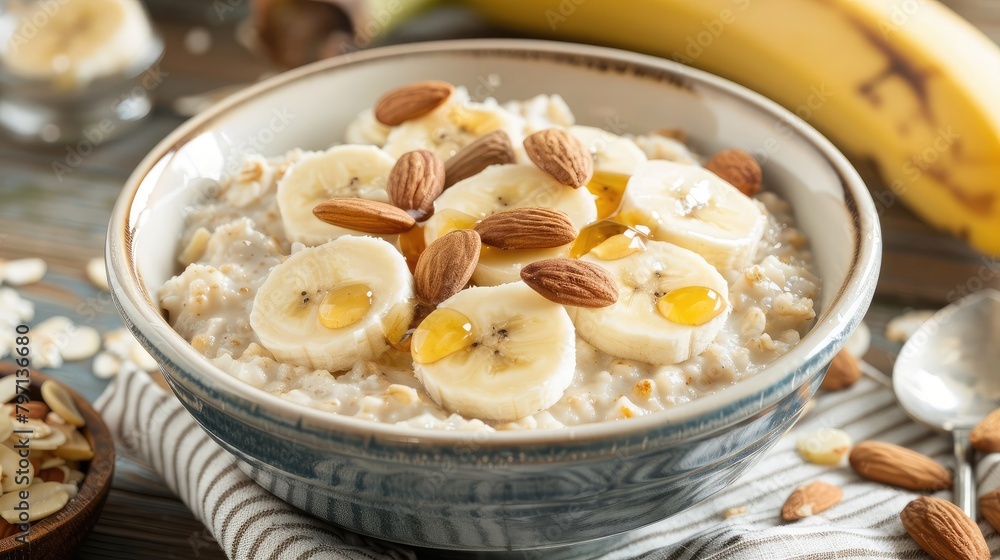 bowl of oatmeal topped with sliced banana, almonds, and honey, offering a nutritious and satisfying breakfast option. bowl of oatmeal topped with sliced banana, almonds, and honey, offering a nutritious and satisfying breakfast option.