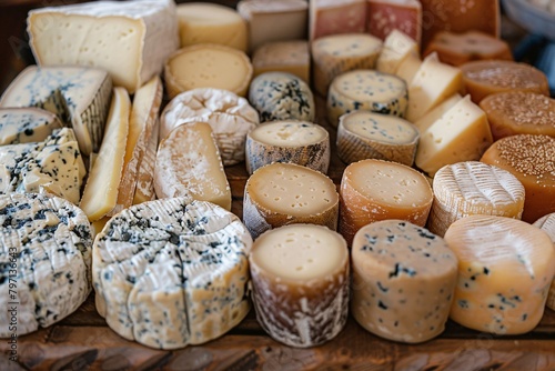 A variety of artisanal cheeses displayed, featuring different textures and colors.