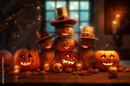 a group of pumpkins with faces carved into them and a top hat on top of them, all lit up..