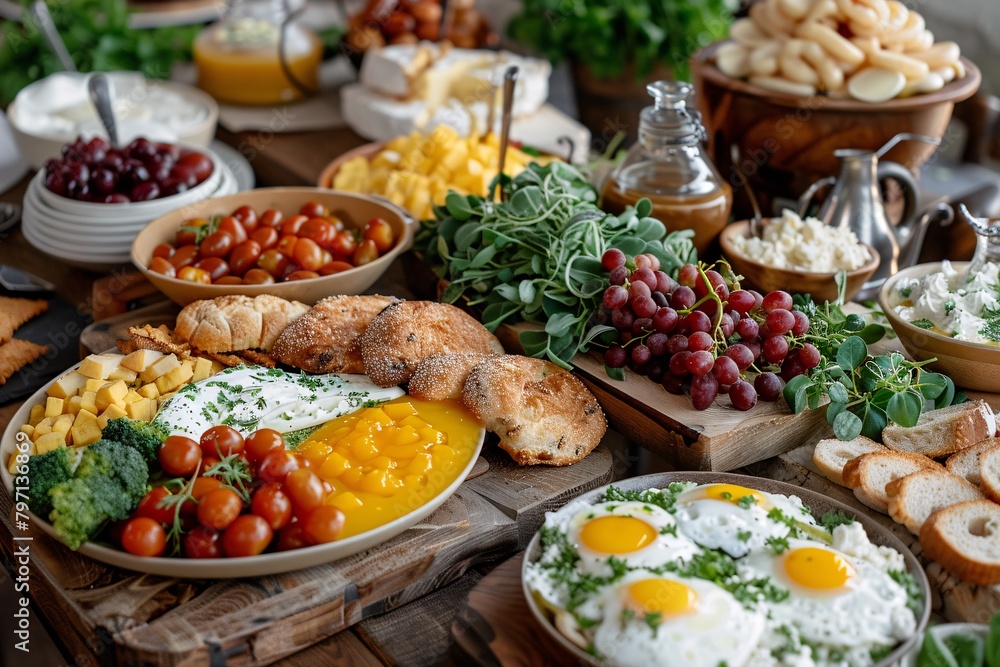 A rich spread of various breakfast foods displayed on wooden surfaces.