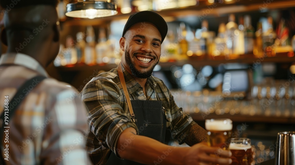 cheerful bartender serving a customer with a smile, embodying the hospitality of the beer industry.