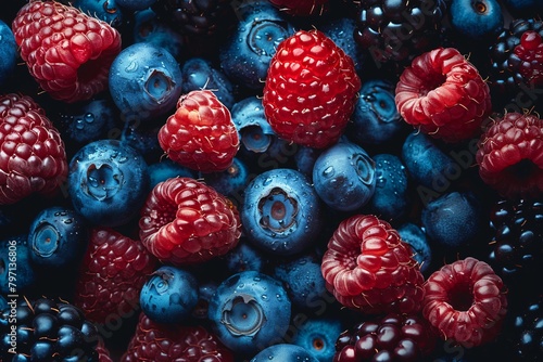 Close-up of fresh raspberries, blueberries, and blackberries covered in tiny water droplets.