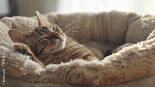cat lounging contentedly in a cozy bed, basking in relaxation and comfort. © buraratn