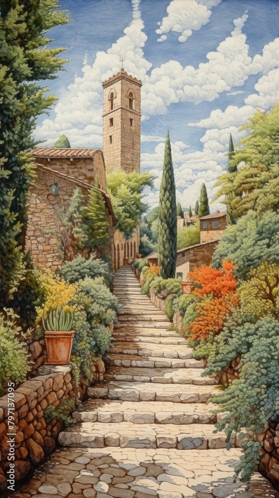 Illustration of a view point in France painting architecture building.