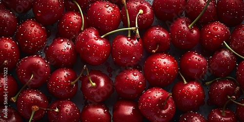 Fresh, red cherries with water droplets close-up, creating a vibrant and glossy texture.