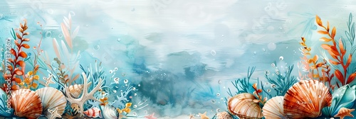 a painting of a seaweed and shells on a blue background with watercolors and a sky background