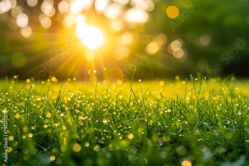 Sunrise over dew-kissed grass in a serene meadow