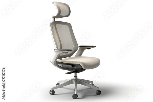 Contemporary office swivel chair with a mesh backrest and adjustable headrest, isolated on solid white background.