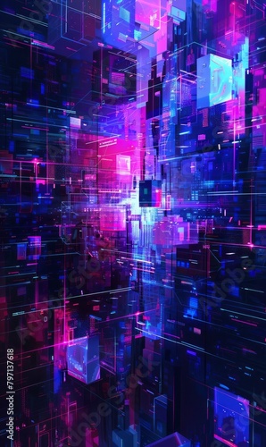 digital abstract background with glitch effects and pixelated elements, perfect for creating a futuristic and avant-garde vibe