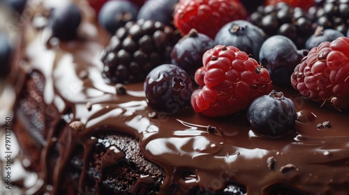 close-up of a decadent chocolate cake topped with ganache and berries, showcasing indulgent dessert delights. photo