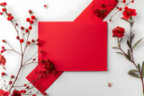 Stylish elegant red flat lay floristic greeting invitation post card, copy space mockup.