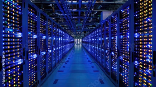 cloud computing data center with rows of server racks, illustrating the power and scalability of cloud technology.