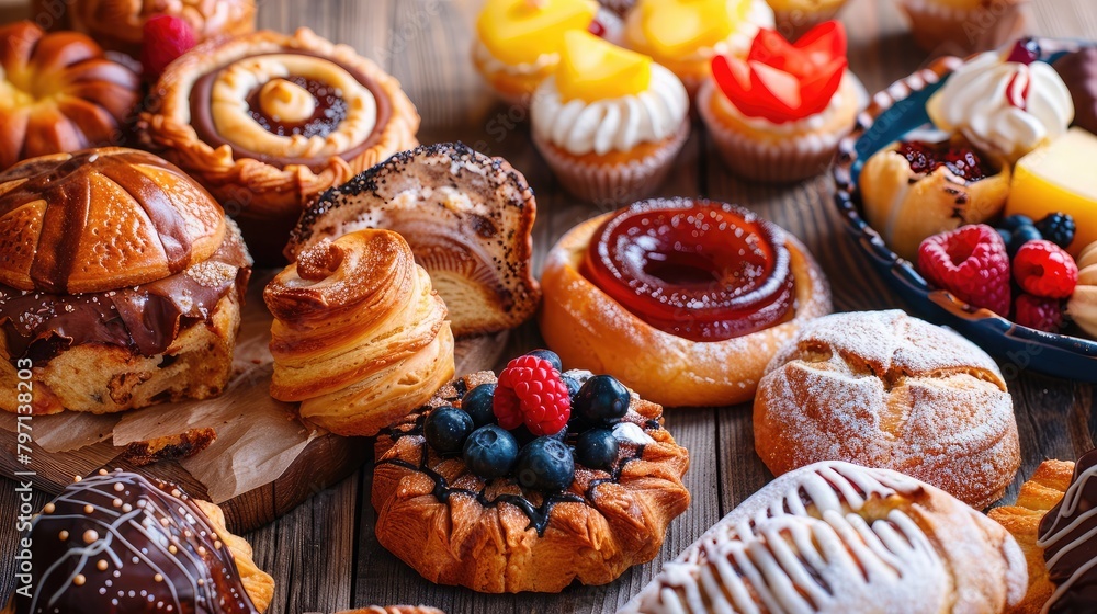 colorful assortment of freshly baked pastries on a rustic wooden table, tempting viewers with delicious treats.