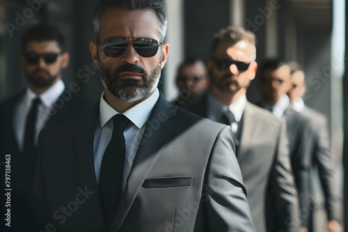 Serious and Ready: Professional Bodyguards in Suits and Sunglasses. Concept Security Services, Bodyguards, Suit and Sunglasses, Professional Protection, VIP Security photo