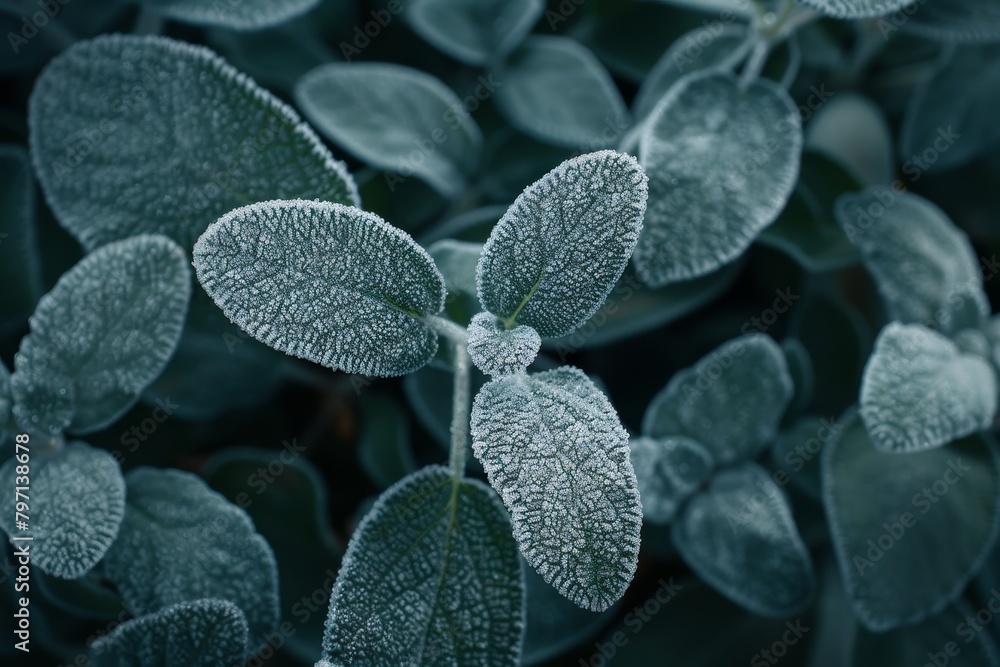 Frost-covered leaves in a serene winter garden Frost-covered leaves in a serene winter garden