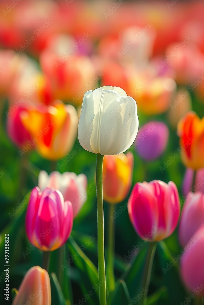 White Tulip Standing Out in a Colorful Tulip Field