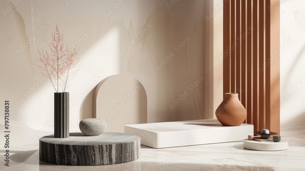 contemporary podium exhibiting home decor items in a modern furniture showroom, inspiring interior design enthusiasts. contemporary podium exhibiting home decor items in a modern furniture showroom, inspiring interior design enthusiasts.