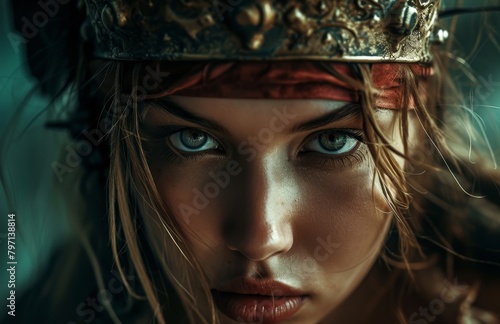 Intense gaze of a young woman wearing a crown