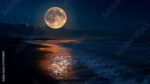 full moon at sea at night, amazing view landscape video looping background for live wallpaper photo