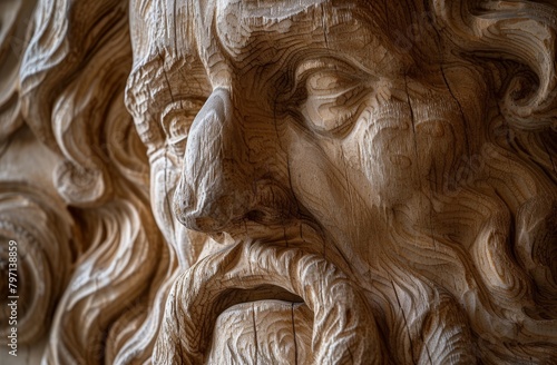 Detailed Wooden Carving of a Bearded Man