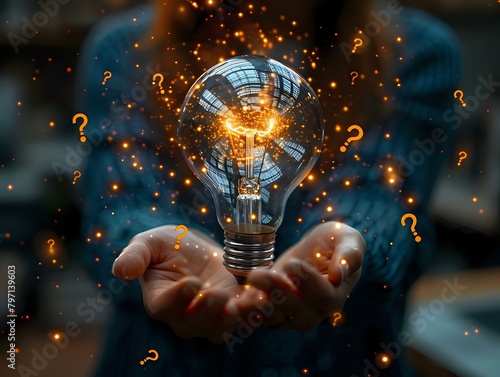 Digital Age Innovation: Hands and Graphic of Light Bulb and Question Marks