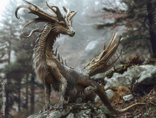 A realistic painting of a majestic dragon with tree-like antlers and fur in the middle of a foggy forest