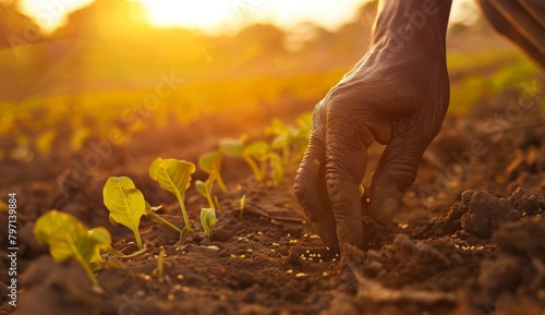 Farmer nurturing young plants in soil at sunset