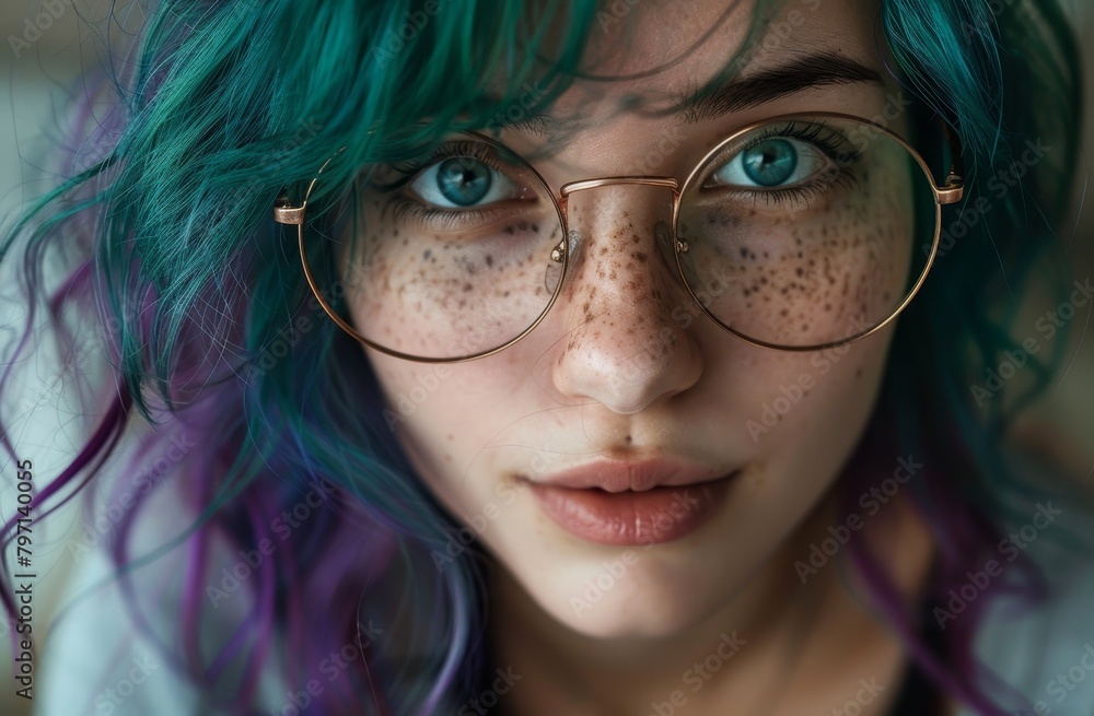 Close-up Portrait of a Young Woman with Blue Hair and Glasses Close-up Portrait of a Young Woman with Blue Hair and Glasses