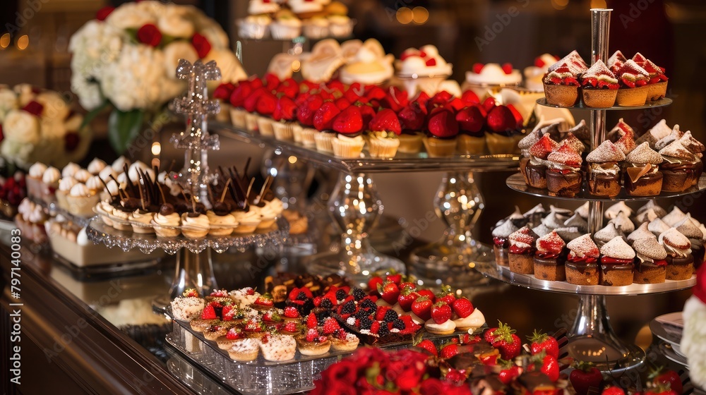 festive dessert buffet at a wedding reception, featuring an array of sweet treats for guests to enjoy.
