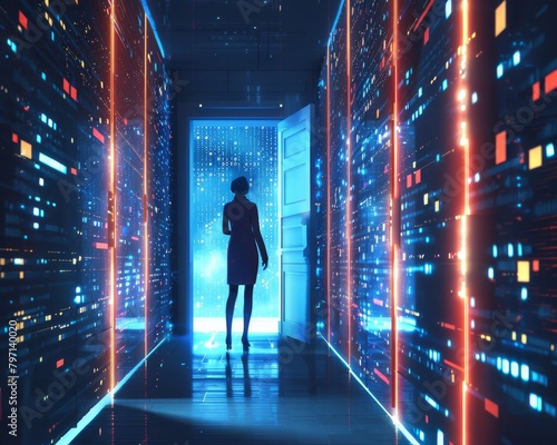 A woman standing in a futuristic hallway with a glowing door in front of her.