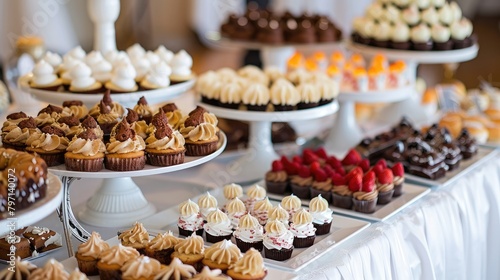 festive dessert buffet at a wedding reception, featuring an array of sweet treats for guests to enjoy. photo