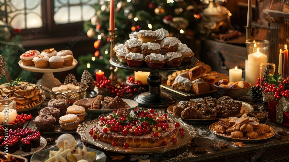 festive holiday table adorned with an array of traditional pastries and confections, inviting celebration and joy. festive holiday table adorned with an array of traditional pastries and confections, inviting celebration and joy.