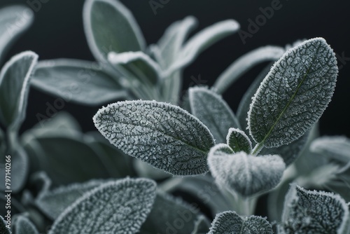 Frost-covered leaves in close-up view