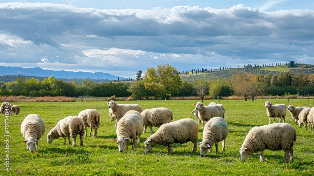 flock of sheep grazing together in a picturesque countryside pasture, showcasing the harmony of farm life.