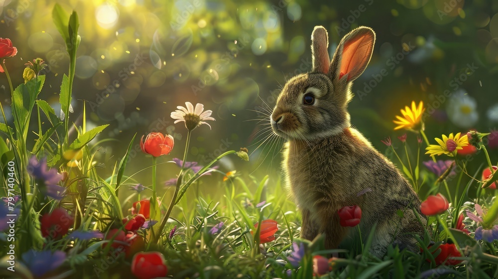 fluffy bunny sitting among colorful wildflowers in a grassy field, evoking the innocence and charm of childhood pets. fluffy bunny sitting among colorful wildflowers in a grassy field, evoking the innocence and charm of childhood pets.