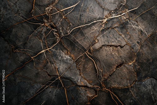 Intricate network of cracks and textures on a dark stone surface © Balaraw